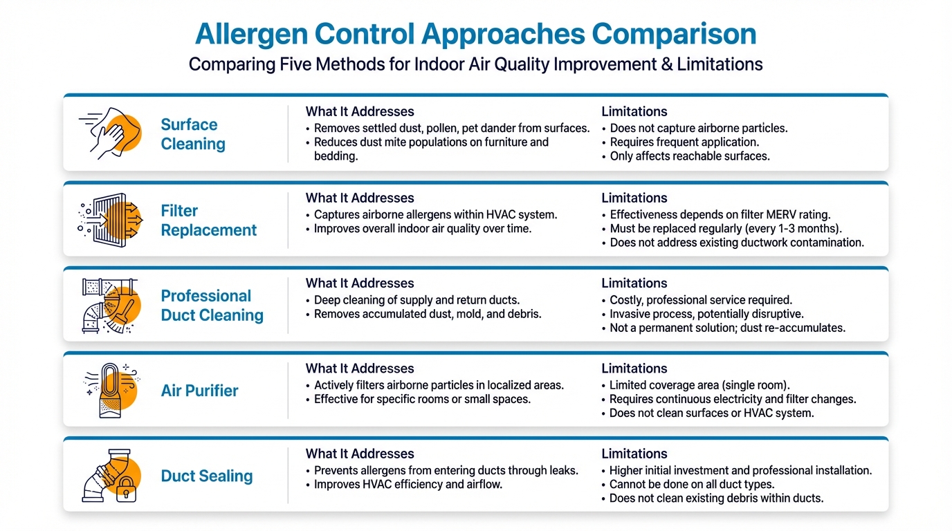 Comparison chart showing the difference between surface cleaning and system-level allergen control in Dallas homes