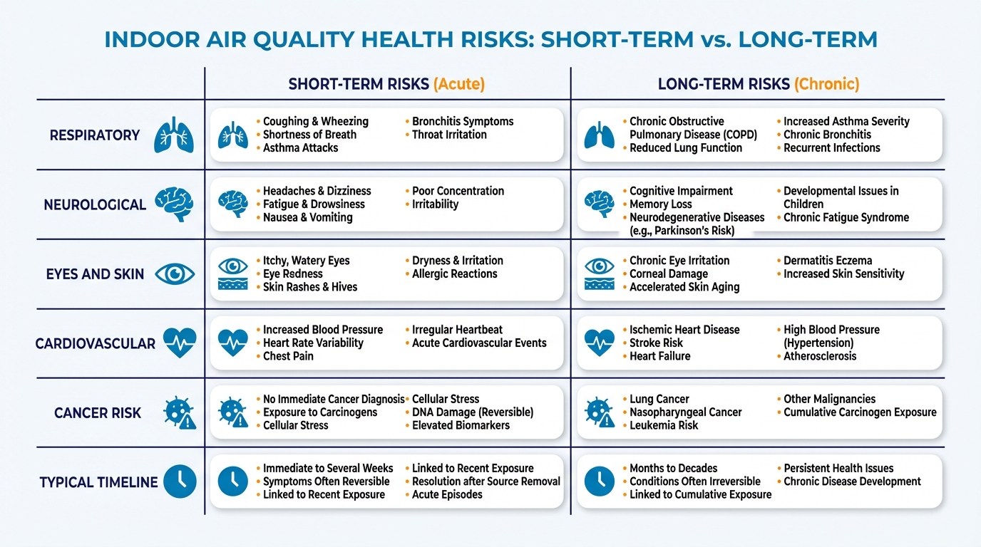 Comparison chart showing short-term versus long-term indoor air quality health risks for Dallas homeowners