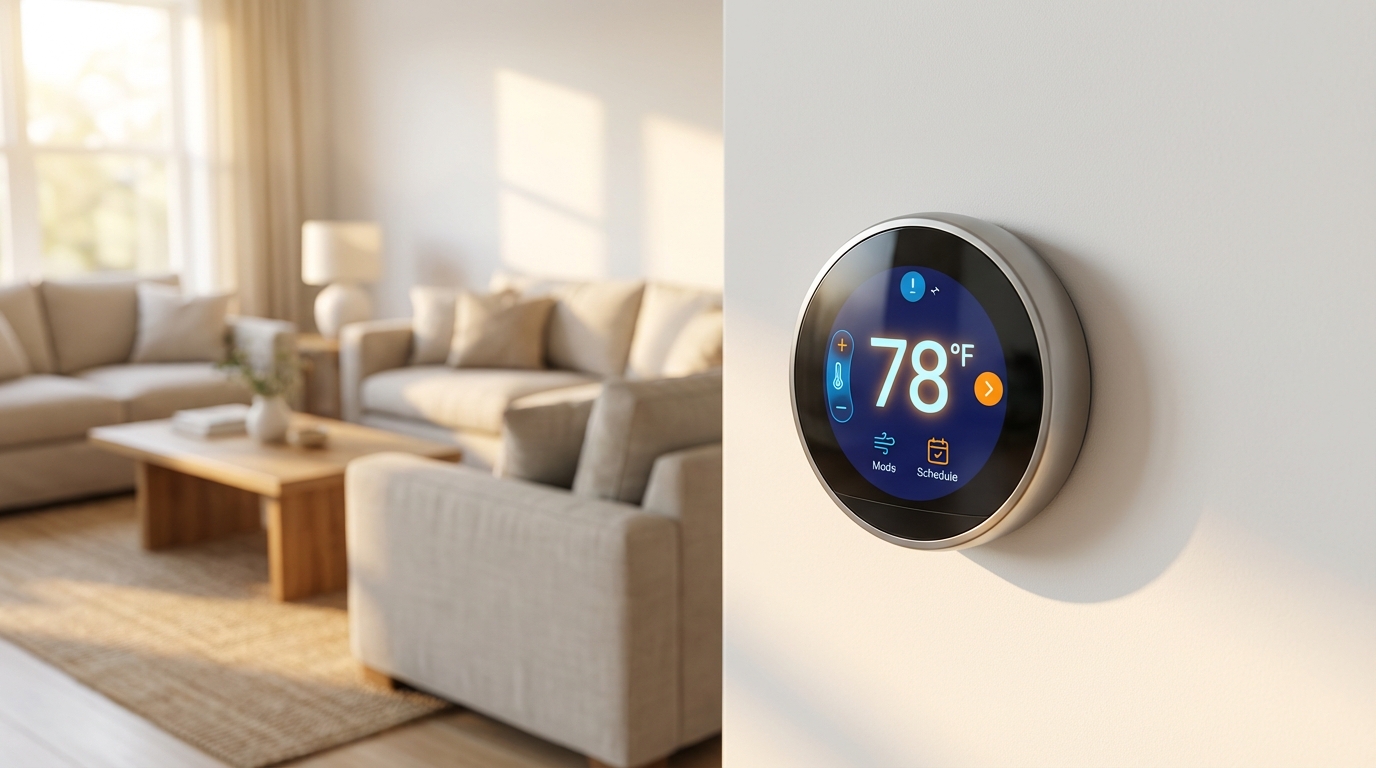 Smart thermostat on wall helping Dallas homeowner lower cooling costs